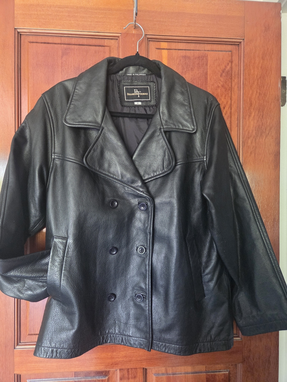 Brandon Thomas Women's Vintage Black Leather Double-Breasted Jacket